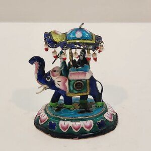 Vintage Metal/Enamel Meenakari Figurine of Elephant W/Mahout In Howdah India